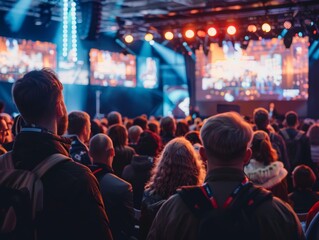 A crowd of attendees eagerly watching a live demonstration of a new product