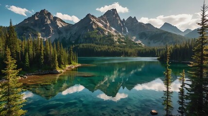 A  mountain lake with tall trees and rocky mountains in the background.