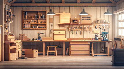 The interior of a joinery shop, featuring tools and supplies organized throughout the space. The shop includes woodwork machines and equipment, such as saws, planers, and sanders, positioned alongside