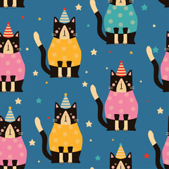 Seamless pattern of cats on blue background. 