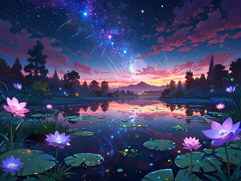  starfall in the evening sky, in the forest near a pond with magical lotuses AI generated 