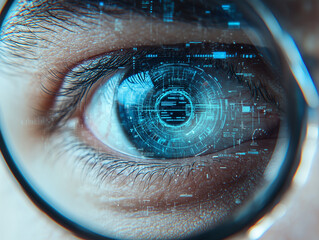 Close-up of a human eye with digital graphics reflecting technology and innovation