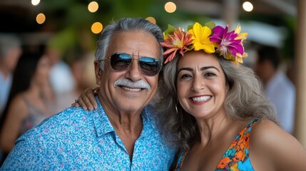 A smiling senior couple, donning tropical attire and festive accessories, revels in the joy of a tropical vacation, capturing the spirit of love, companionship, and adventurous living.