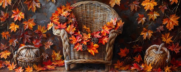 Autumn leaves in a wicker chair