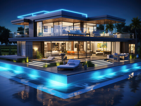 Beautiful Modern villa with multiple lights and sun loungers in asprovalta,greece