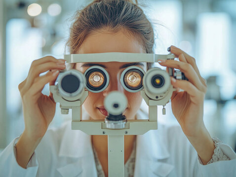 A woman wearing a lab coat examines lenses through a visual acuity test machine in a well-lit clinical setting during daylight hours