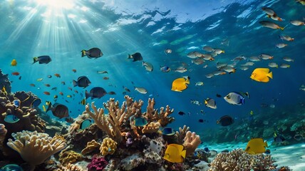 Obraz premium A coral reef with colorful fish swimming in the ocean.