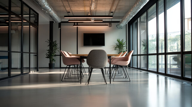 A meeting area in a newly designed office building for a small business, featuring modern and functional elements. The space includes a sleek conference table with comfortable chairs, large windows al