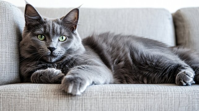 Gray cat Nebelung cat is lying on the sofa at home