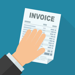 A hand holds an invoice on a blue background with long shadow in a flat design style