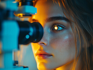 Light beam is shining through retina and lens on eyesight exam