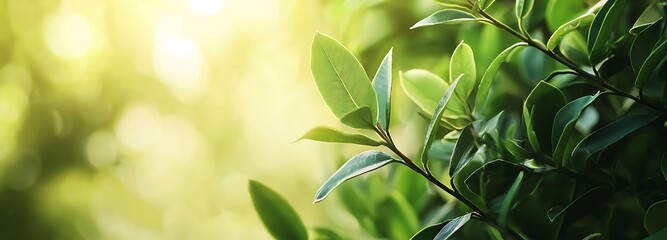 Close-up of vibrant green leaves with blurred background and soft sunlight.