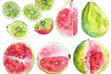 Watercolor Guava Fruit Composition. Fresh and Organic Illustration on White Background