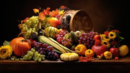 Harvest fruits, pumpkins, grapes, corn and flowers in a basket, on a wooden table