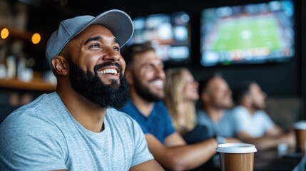 A group of people intently watching a sports event on TV screens in a bar setting, featuring a man in the foreground with a coffee cup in hand.