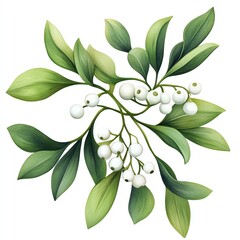 Obraz premium A beautiful depiction of a mistletoe branch with vibrant green leaves and white berries, perfect for seasonal decorations.