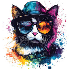 Naklejka premium A vibrant, artistic illustration of a cat wearing sunglasses and a hat, surrounded by colorful splashes of paint.