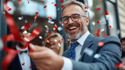 An older man with glasses cutting a ribbon at a celebration event, showing a sense of accomplishment, joy, and festivity, highlighting success and communal spirit.