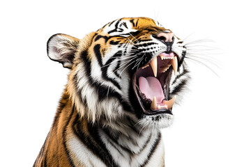 Fototapeta premium Majestic tiger roaring with fierce expression against a clean white background, showcasing its powerful presence and striking features.