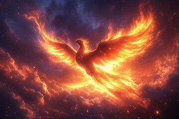 majestic phoenix rising from ashes fiery plumage illuminated by golden sunset rays soaring against dramatic sky with streaks of orange and purple