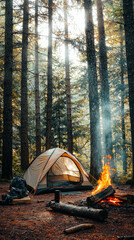 Cozy Camping Tent with Campfire in Dense Forest