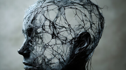 A head with an intricate, delicate web inside, with some threads frayed or broken, representing complex thought patterns and vulnerabilities.


