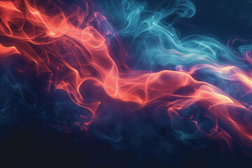 Dynamic smoke swirls dark red. Accented with neon blue textures and warm tones.