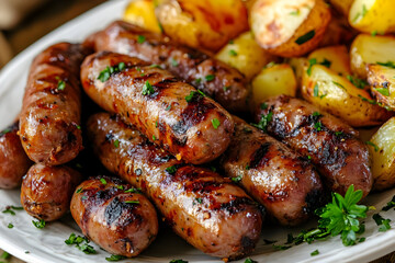 Grilled sausages served with golden roasted potatoes, garnished with fresh herbs on a rustic plate, perfect for a hearty meal.