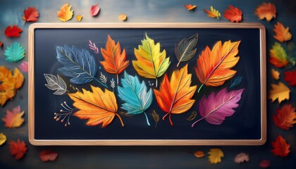 Naklejka premium Autumn Leaves Frame - dark chalkboard background with a border made of vibrant autumn leaves. Graphic art illustration. Back to school scene
