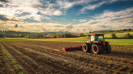Obraz premium A scene of small-scale farming featuring a tractor and plow working in a field. The tractor is engaged in tilling the soil, preparing the land for planting. The field is expansive, showcasing 