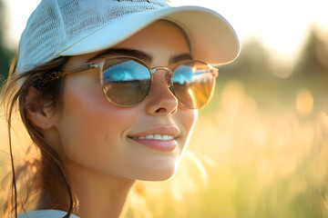 Fototapeta premium A young woman smiles confidently, wearing sunglasses and a cap, surrounded by a golden field under soft sunlight.