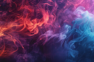 Dynamic smoke swirls dark red. Accented with neon blue textures and warm tones.