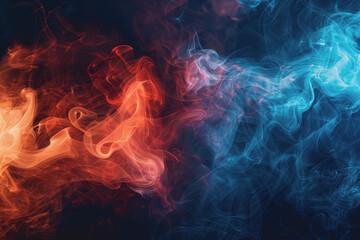 Fototapeta premium Dynamic smoke swirls dark red. Accented with neon blue textures and warm tones.