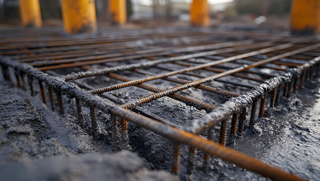 Close-up view of steel rebar in concrete, showcasing construction materials and techniques for architectural projects.