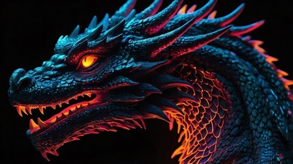 A digital image of a dragon with glowing red and blue colors.