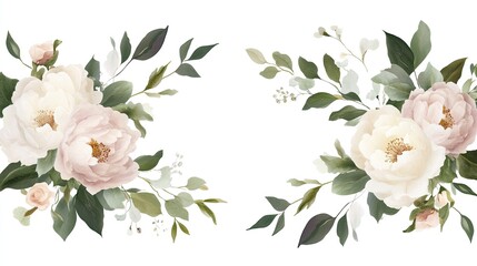 Fototapeta premium Floral banner arranged with leaves and flowers, peony card, green leaves and roses, chic fashion frame, soft pink, wedding design, blush, green, white, burgundy color tones, separate and editable, 