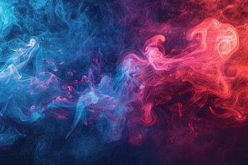 Dynamic smoke swirls dark red. Accented with neon blue textures and warm tones.