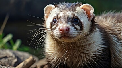 Fototapeta premium A close-up photo of a ferret with brown and white fur. It has a small, pointed face and black eyes.