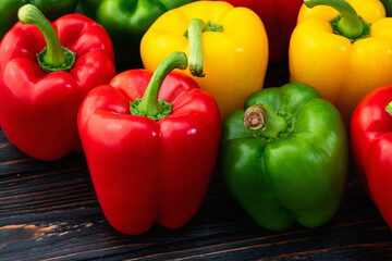 Fresh sweet bell pepper ( paprika ) photography red , green and yellow . Colorful vegetable . Top view