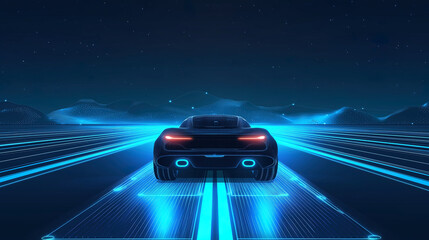 Naklejka premium A futursitic car driving on high way with mountains in the background at night