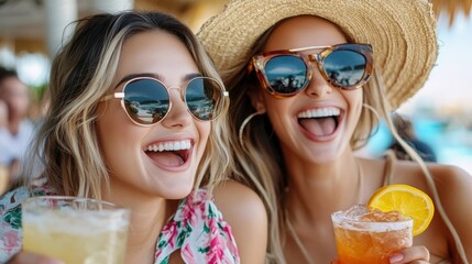 Two women are captured enjoying their colorful cocktails at a beach bar. They wear summer dresses and hats, smiling and relaxing in the sun, set against a vibrant beach background.