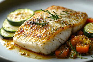 A beautifully plated piece of grilled fish with fresh vegetables and herbs, showcasing culinary artistry and vibrant colors.