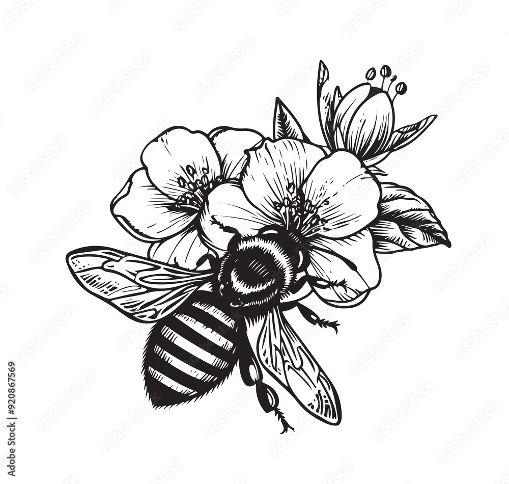 Sticker bee on flower sketch simple clean and elegance