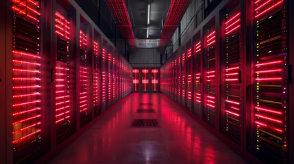 Vector cartoon corridor in a spaceship,Data Center With Illuminated Server Racks