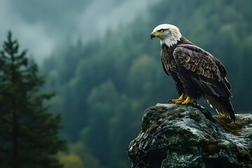 Majestic eagle perched on a rock, surrounded by a misty forest landscape, showcasing nature's beauty and wildlife power.