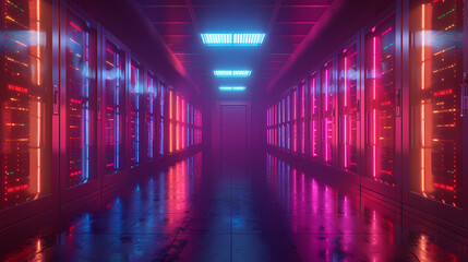 Obraz premium Vector cartoon corridor in a spaceship,Data Center With Illuminated Server Racks