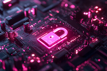 A glowing digital padlock on a circuit board, symbolizing cybersecurity and data protection in a vibrant pink aesthetic.