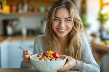 Young Caucasian female smiling while holding a bowl of oatmeal topped with fresh fruit and nuts, in a bright and cozy kitchen setting, promoting healthy eating and a positive morning routine