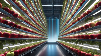  A long, narrow room with many shelves filled with red apples.