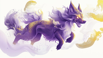 A purple wolf gracefully walks, surrounded by flowing designs and golden circular elements